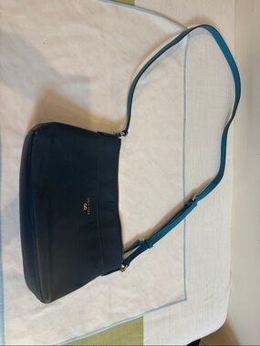Cole Haan Navy Pebbled Leather Crossbody with Teal Strap